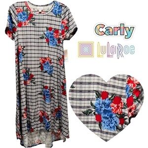 LulaRoe Carly Long/Midi Dress High Low Hem Stretchy Comfortable Plaid Floral XS